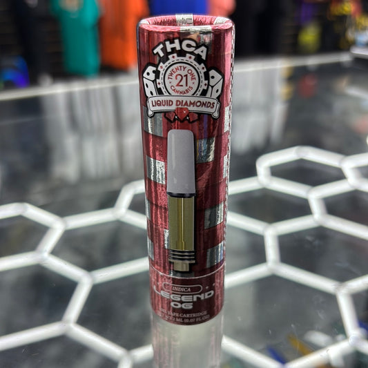Twenty one Cannabis, THCA, liquid diamonds. Legend, OG, Indica, 2G vape cartridge￼