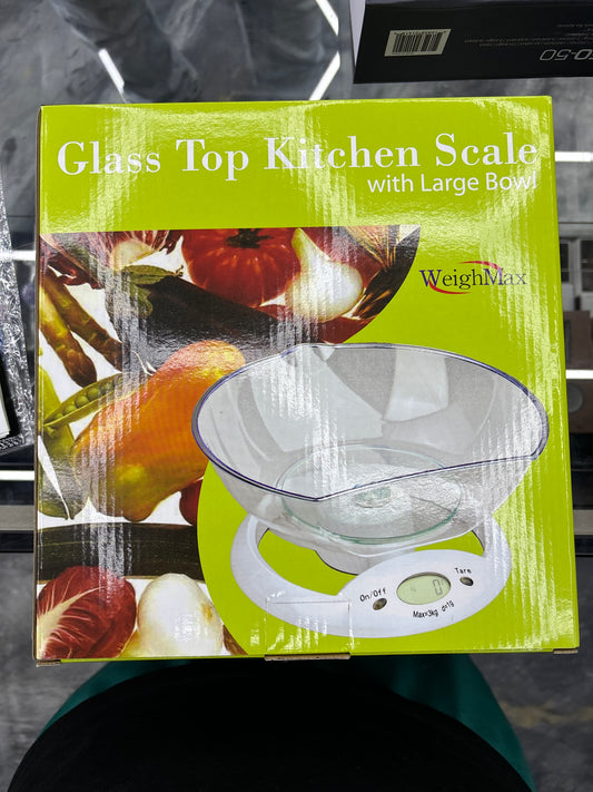 Weighmax glass top kitchen scale with large bowl