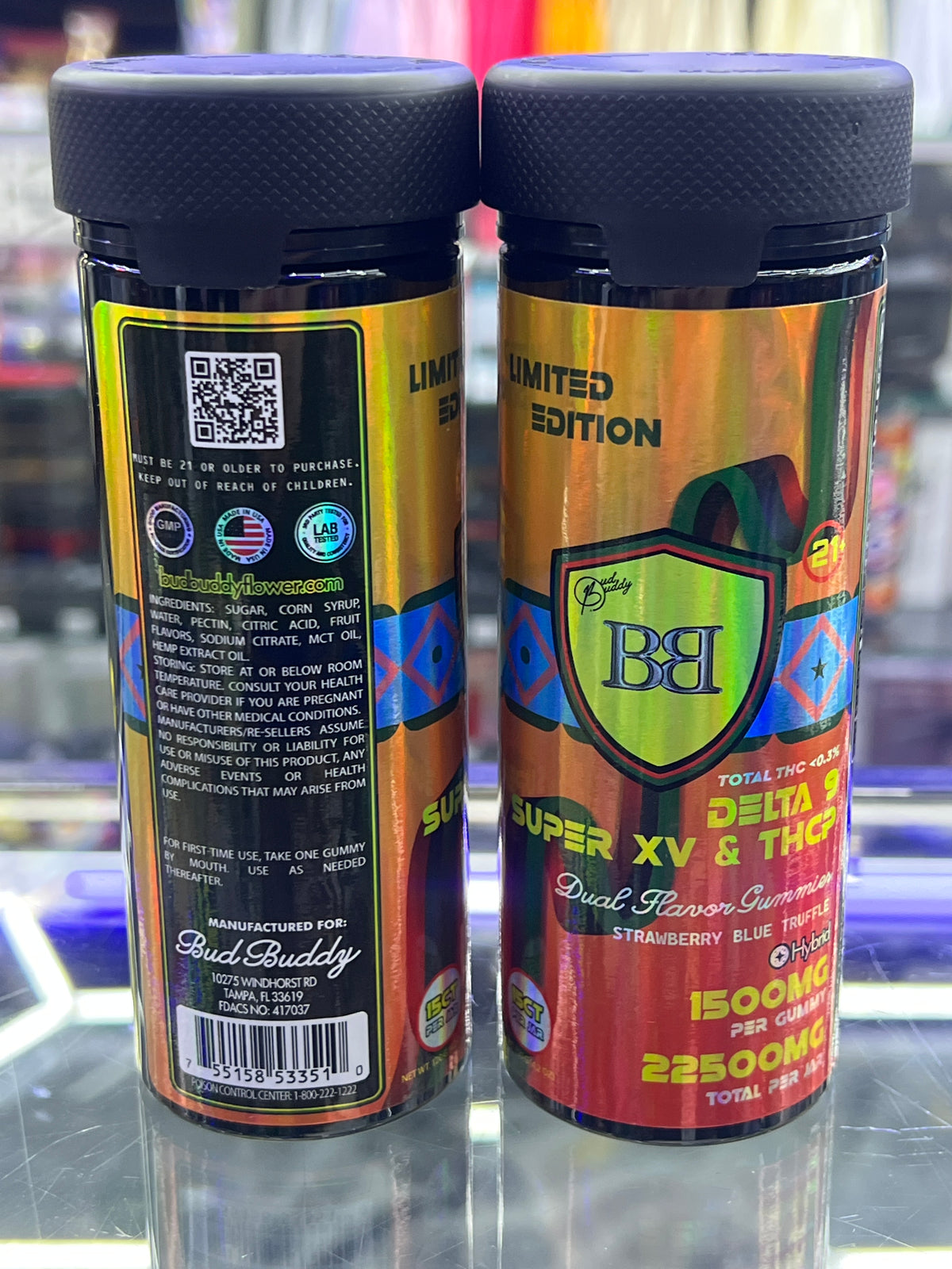 Bud buddy delta 9 super XV & thcp dual flavor gummies 1500mg per gmmy 22500mg jar strawberry blue truffle