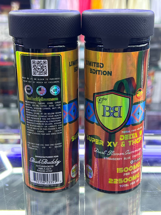 Bud buddy delta 9 super XV & thcp dual flavor gummies 1500mg per gmmy 22500mg jar strawberry blue truffle