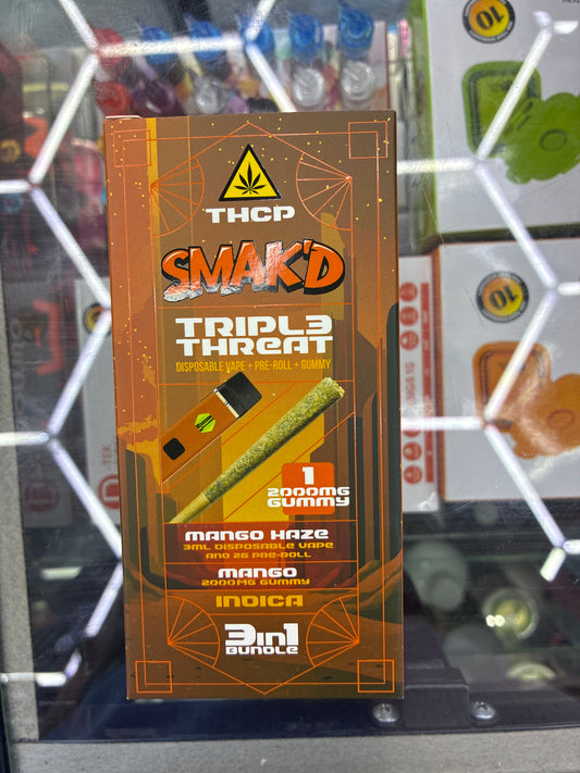 Smakd triple threat disposable vape + preroll + gummy mango haze/mango indica