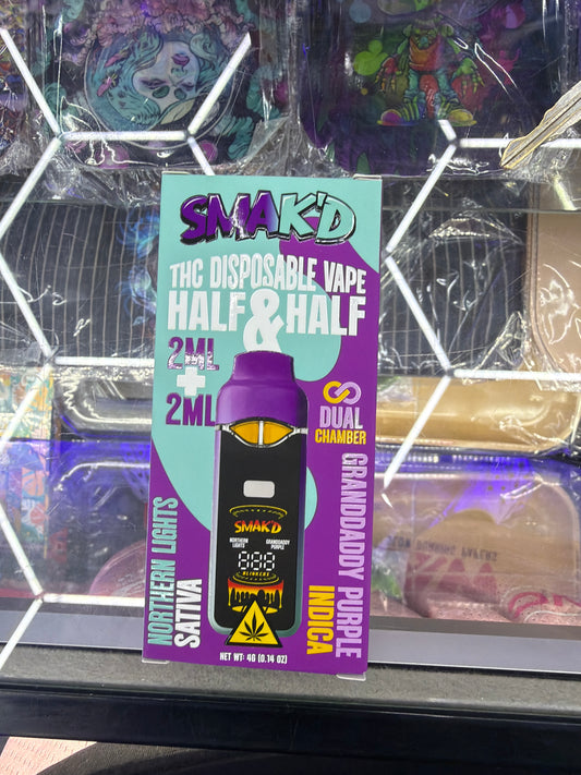 Smakd thca disposable vape Half & Half 2ml + 2ml dual chamber nourthern lights sativa / Granddaddy purple indica