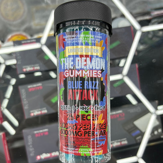 The demon gummy blue, razz attack,5000 MG per jar