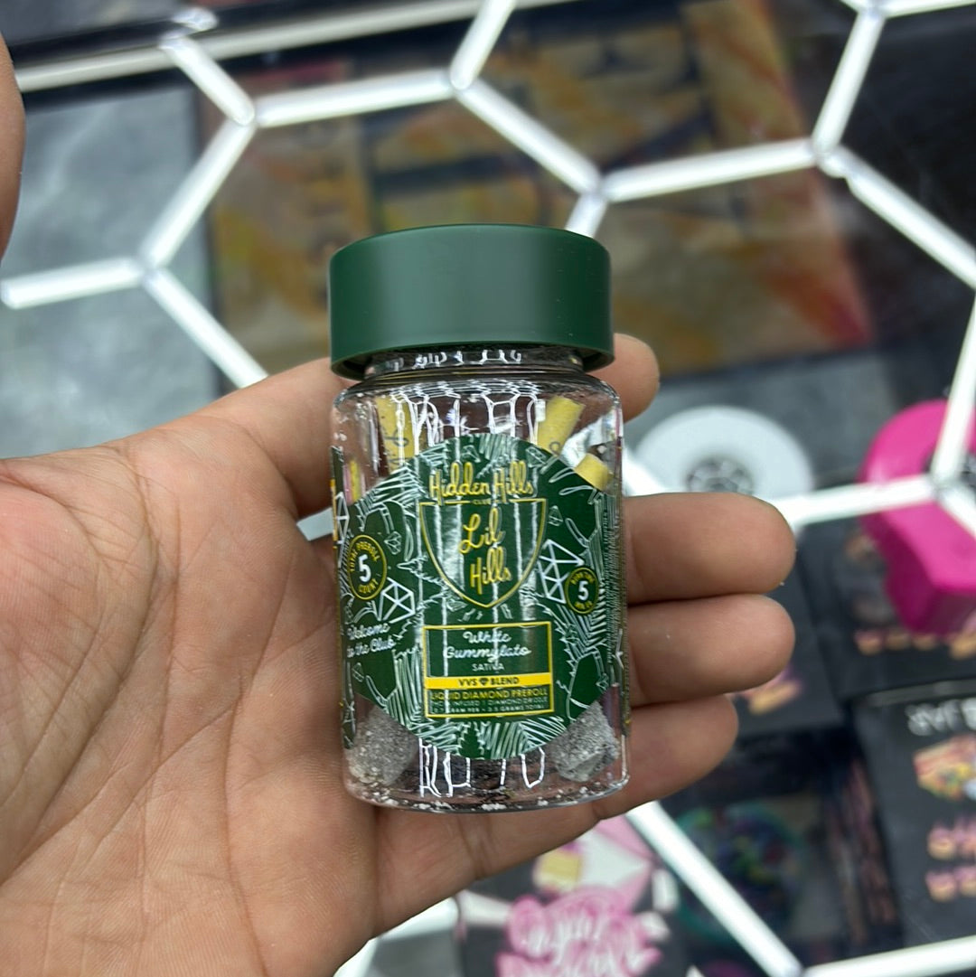 Hidden Hills club lit hills, white gummy Latto sativa VVS blend liquid diamond pre-rolls