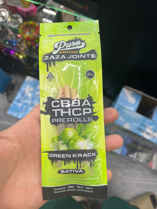 Puro exotics Zara joints CB9A thcp prerolls green krack sativa