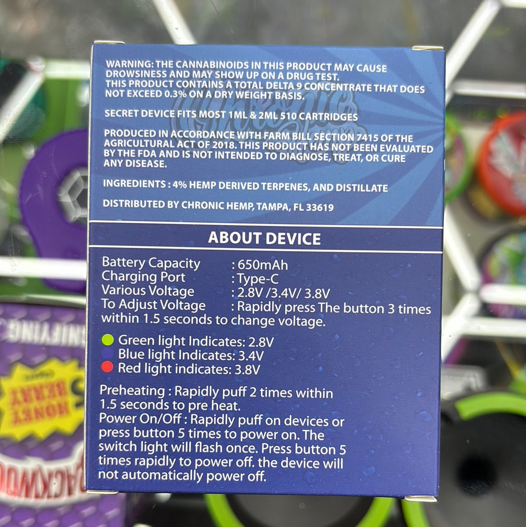 Chronic hemp zkittlez indica 2g cartridge with cartridge reusable battery