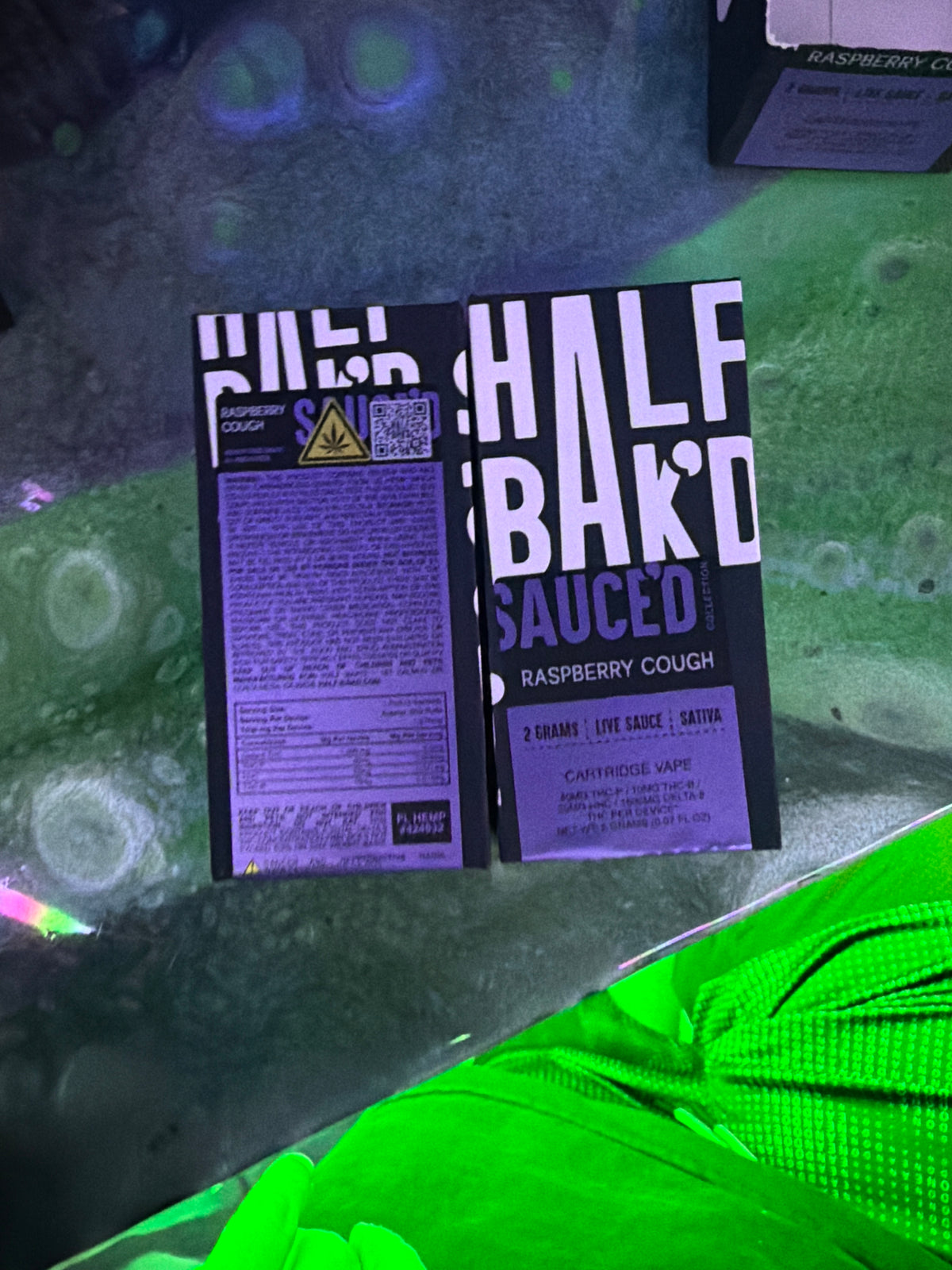 Half bakd 2g live sauce cartridge Raspberry cough sativa