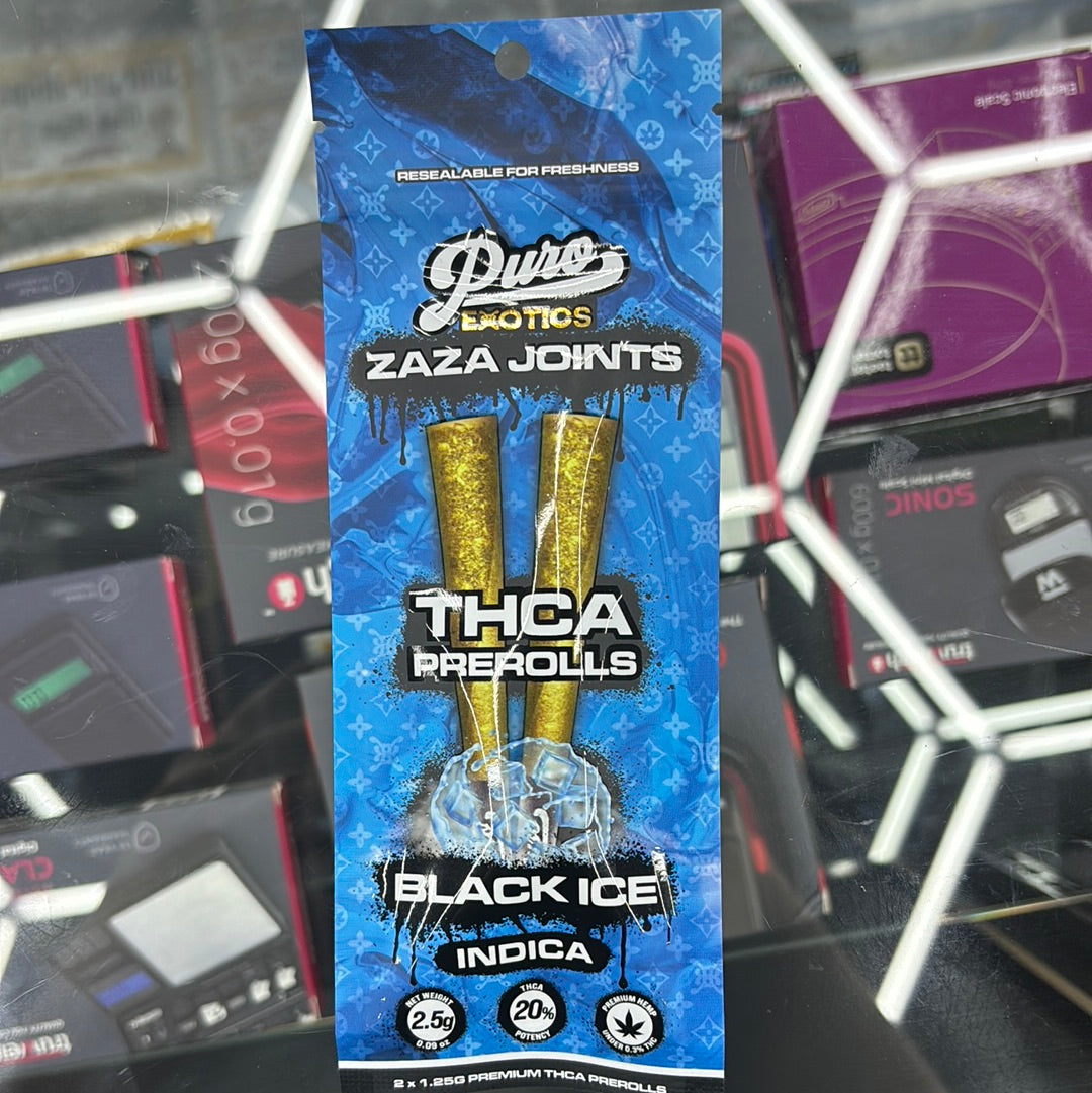 Puro exotics Zaza joints black ice 2.5G pre-rolls indica