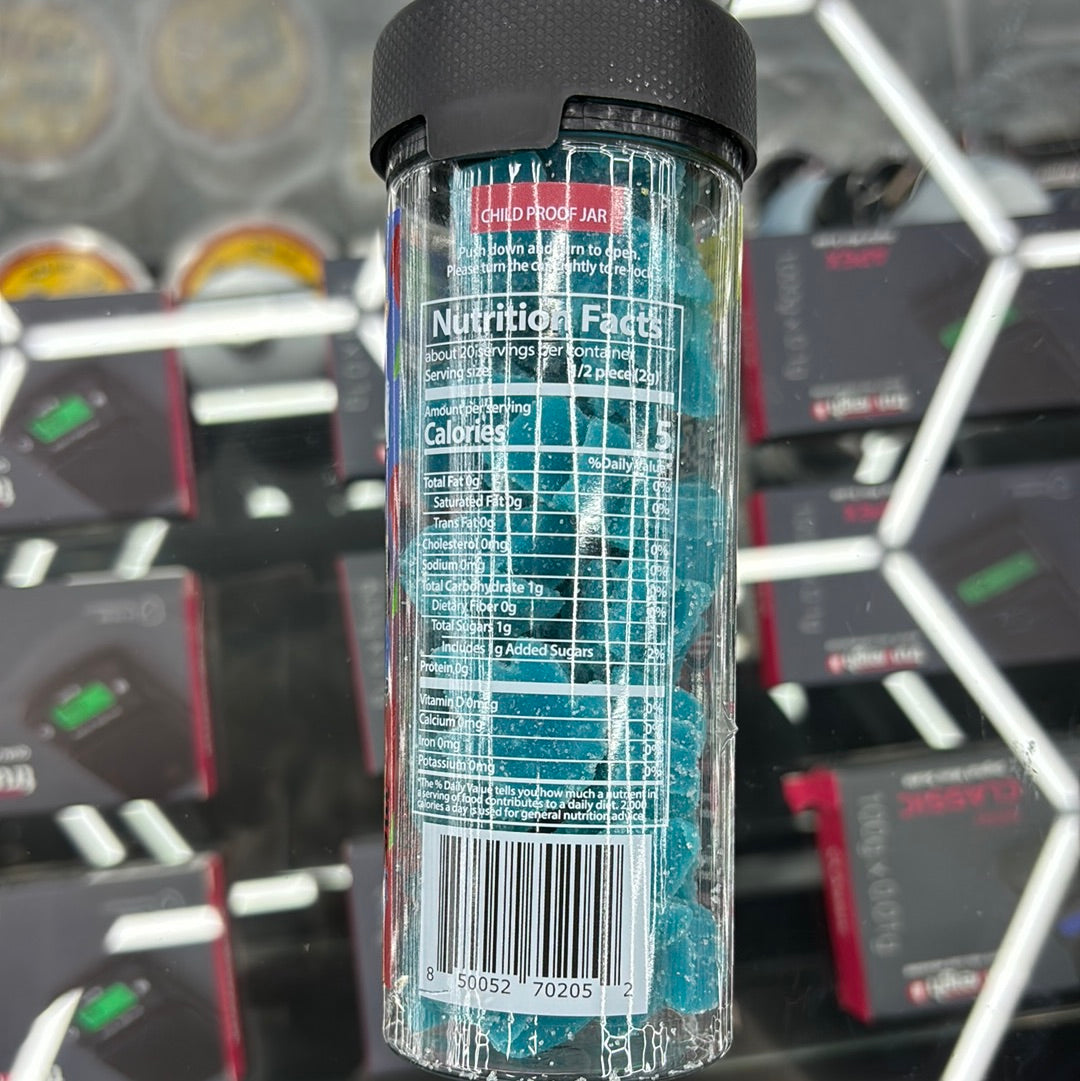 The demon gummy blue, razz attack,5000 MG per jar