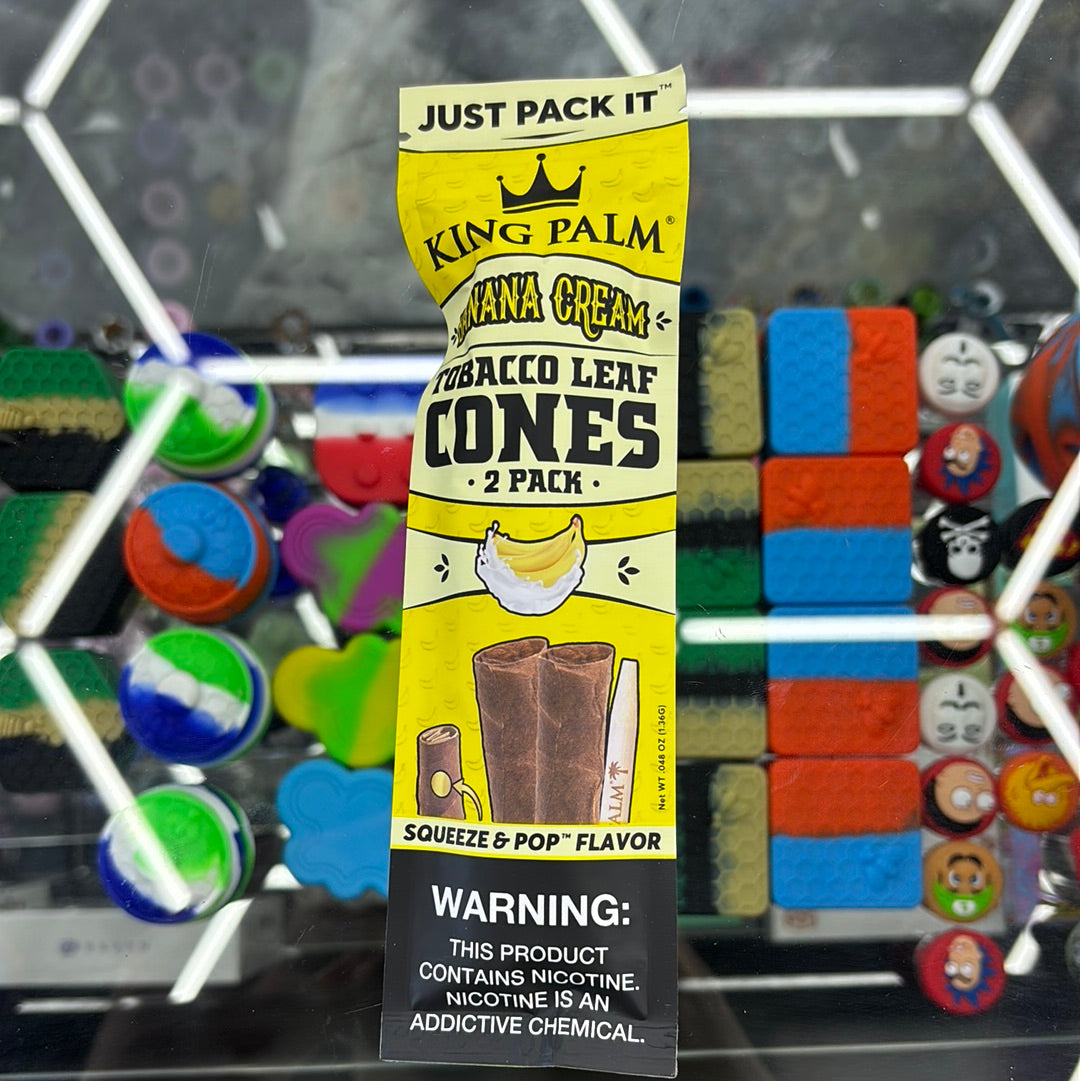 King palm banana cream tobacco leaf cones, two pack, squeeze, and pop flavor
