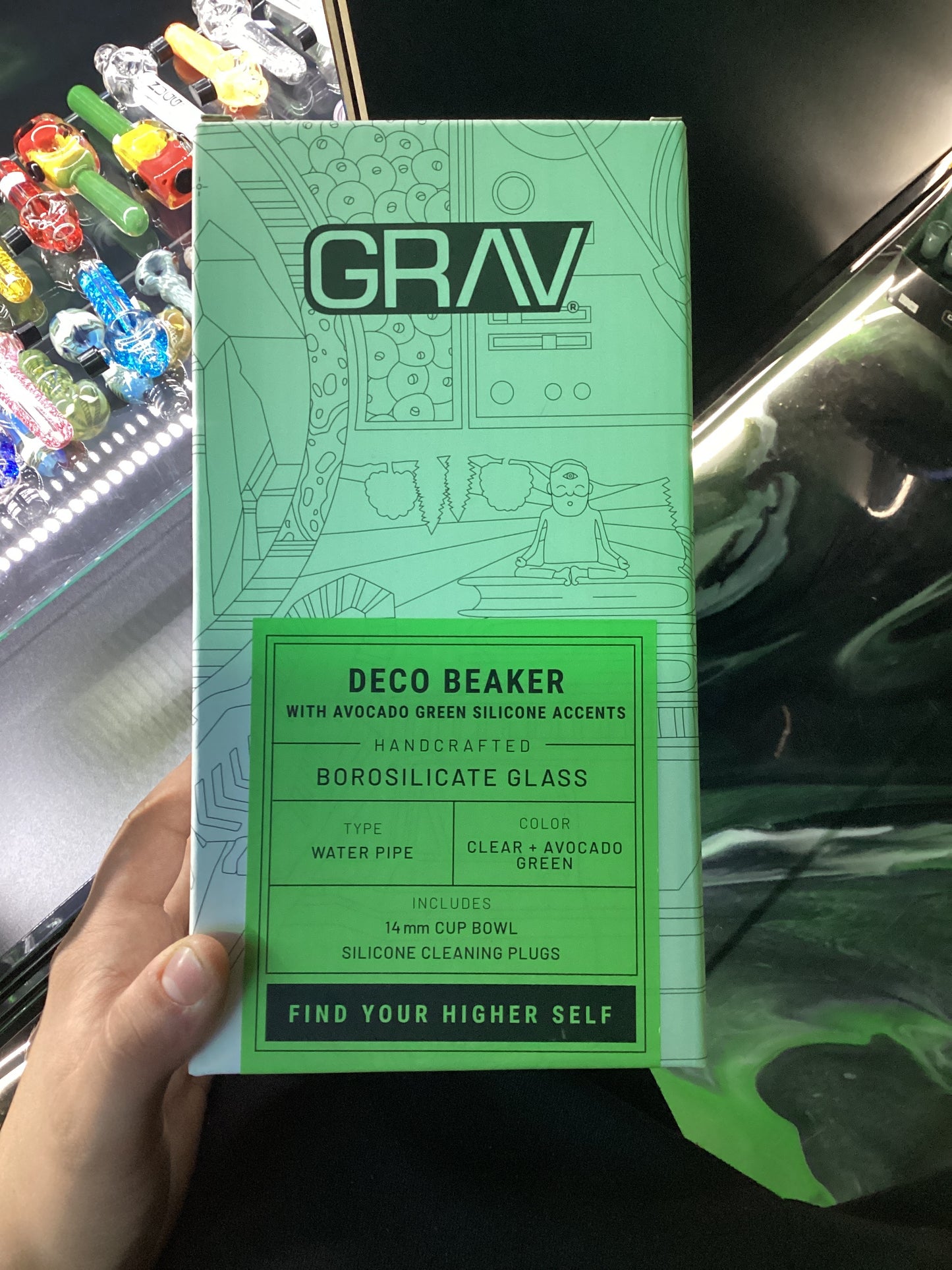 Grav deco beaker with avocado green silicone accents