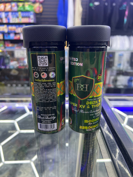 Bud buddy delta 9 super XV & thcp dual flavor gummies 1500mg per gmmy 22500mg jar kiwi palova sativa