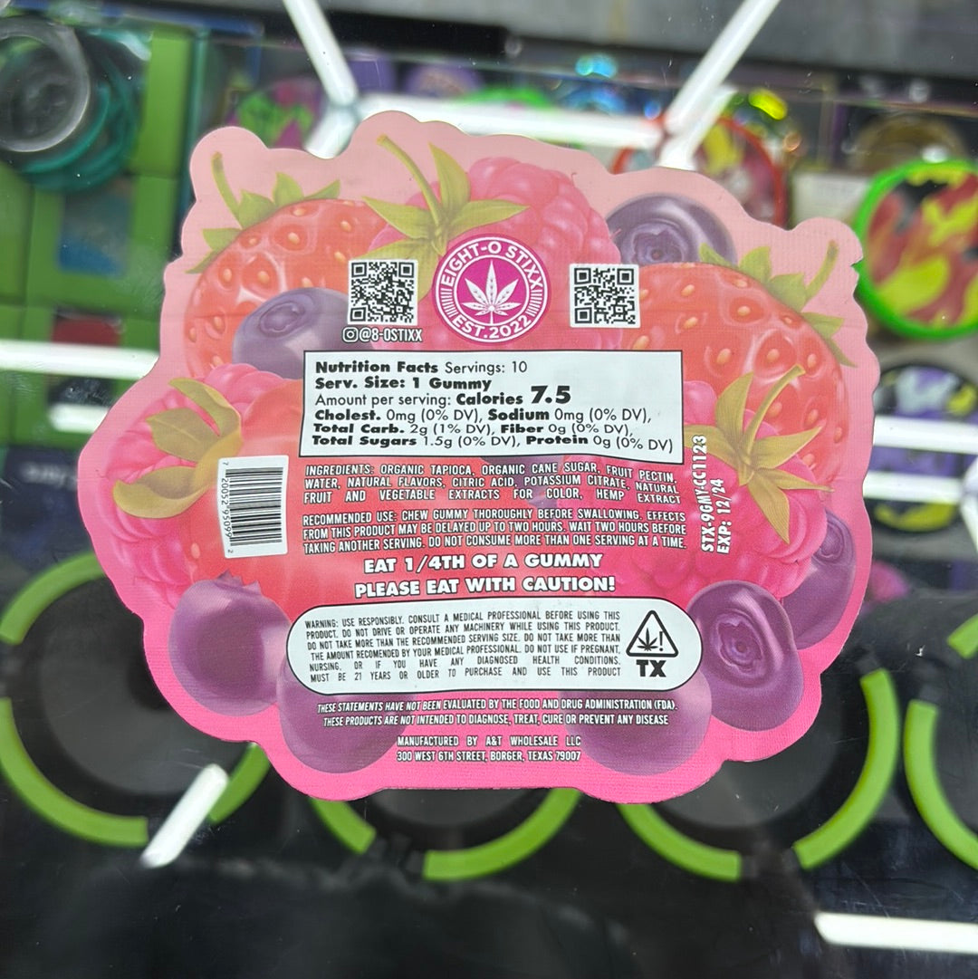 Eight-o stixx mixed berries d8 gummies 3000mg per bag 10gummies 300mg each