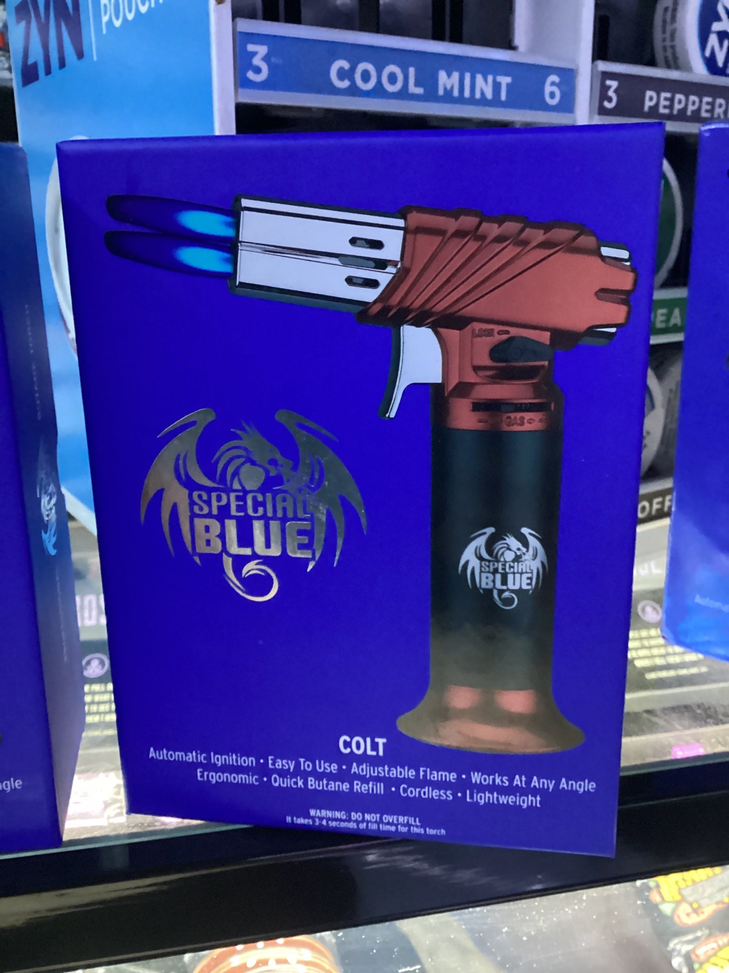 Special blue torch, colt, red, and black