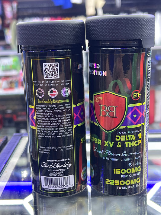 Bud buddy delta 9 super XV & thcp dual flavor gummies 1500mg per gmmy 22500mg jar blueberry crumble tart