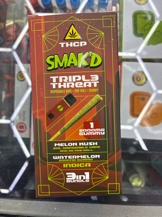 Smakd triple threat disposable vape + preroll + gummy melon kush/watermelon indica
