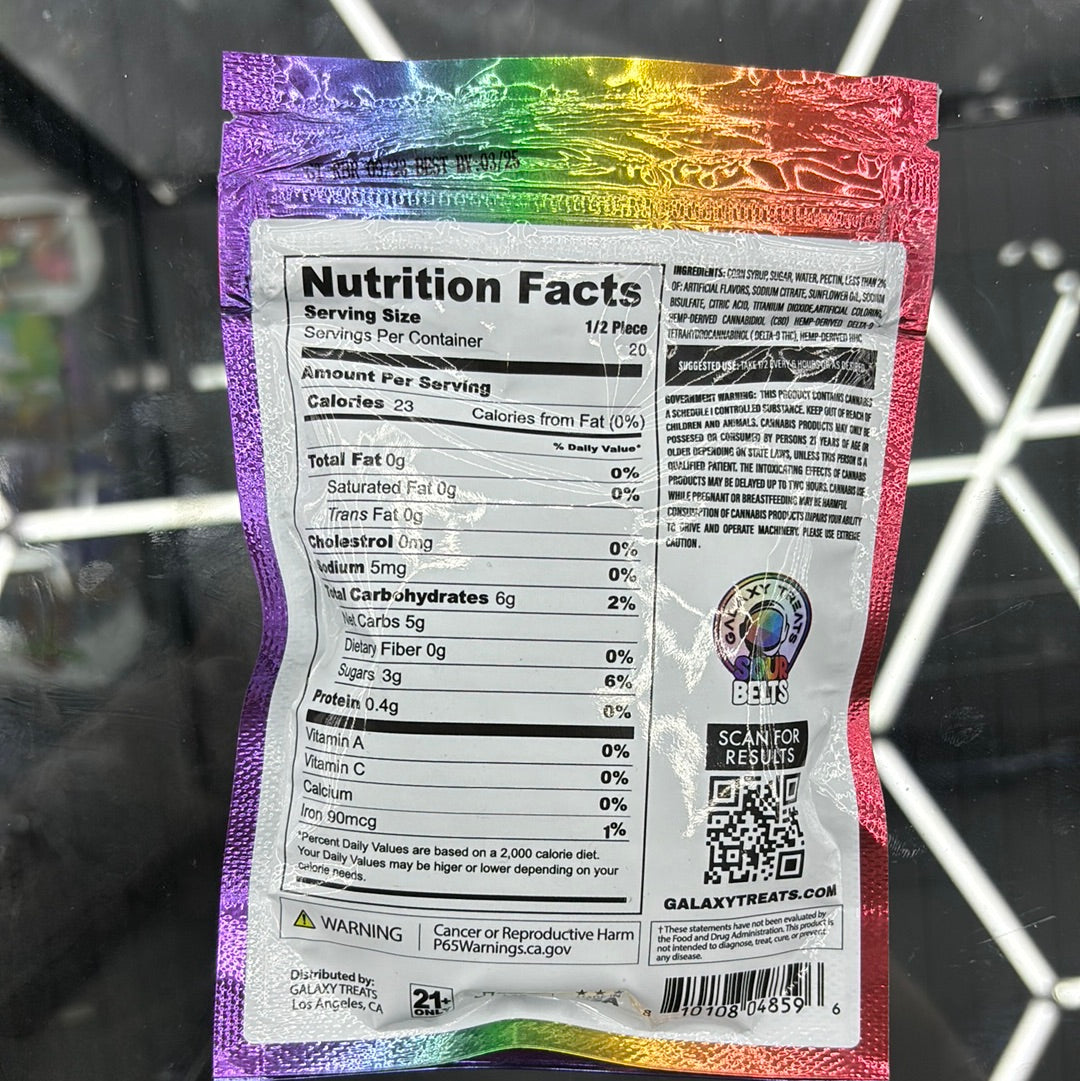 Galaxy treats, sour belts, rainbow rocket, sweet and sour candy belts, 3000 mg